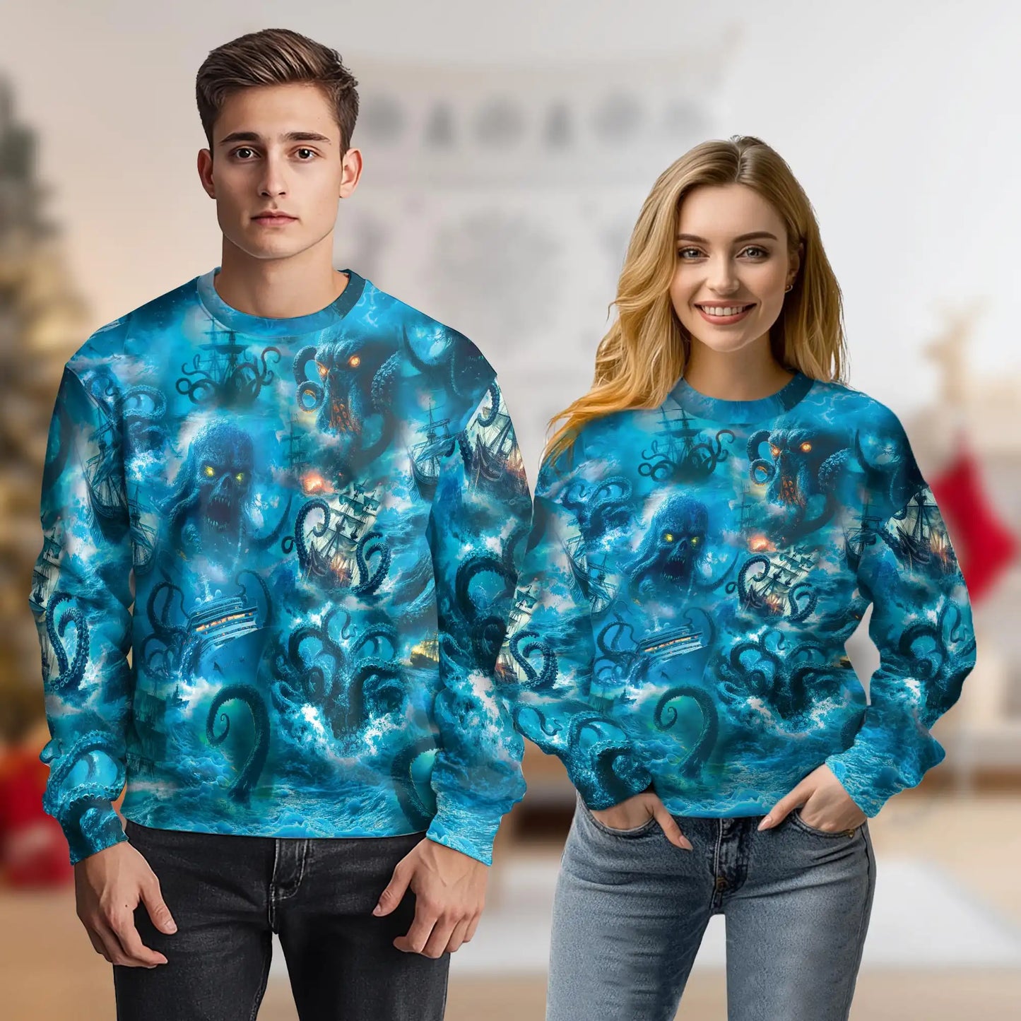 Legend Octopus Attacking Ship Sweatshirt, 3D All Over Print Kraken Ocean Adventure Crewneck Pullover for Men Women, Octopus Lover Gift - Netecom