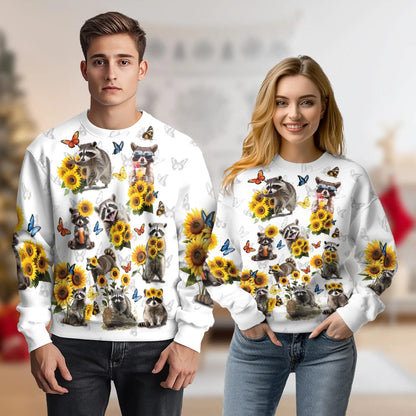 Raccoon Sunflower Sweatshirt, 3D All Over Print Wildlife Floral Crewneck Pullover for Men Women, Raccoon Lover Gift - Netecom
