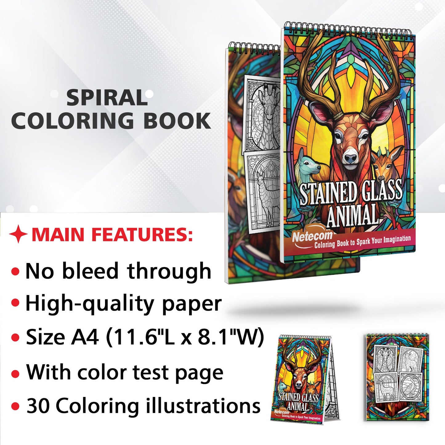 Stained Glass Animal Spiral Bound Coloring Book, Discover the Enchanting Beauty of Stained Glass with 30 Exquisite Coloring Pages that Showcase Graceful and Majestic Animals