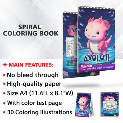 Axolotl Spiral Bound Coloring Book, Discover 30 Serene Coloring Pages, Inviting You to Color Axolotls Engaging in Joyful and Mischievous Activities