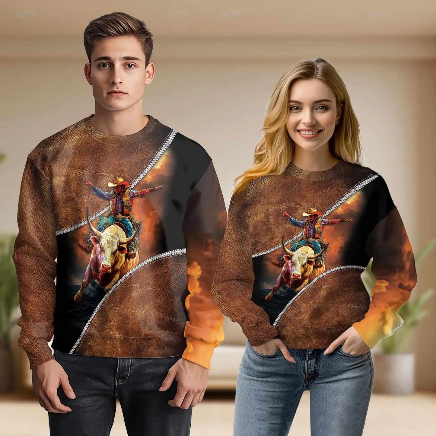 Rodeo Bull Riding Sweatshirt, 3D All Over Print Western Cowboy Crewneck Pullover for Men Women, Bull Rider Gift - Netecom