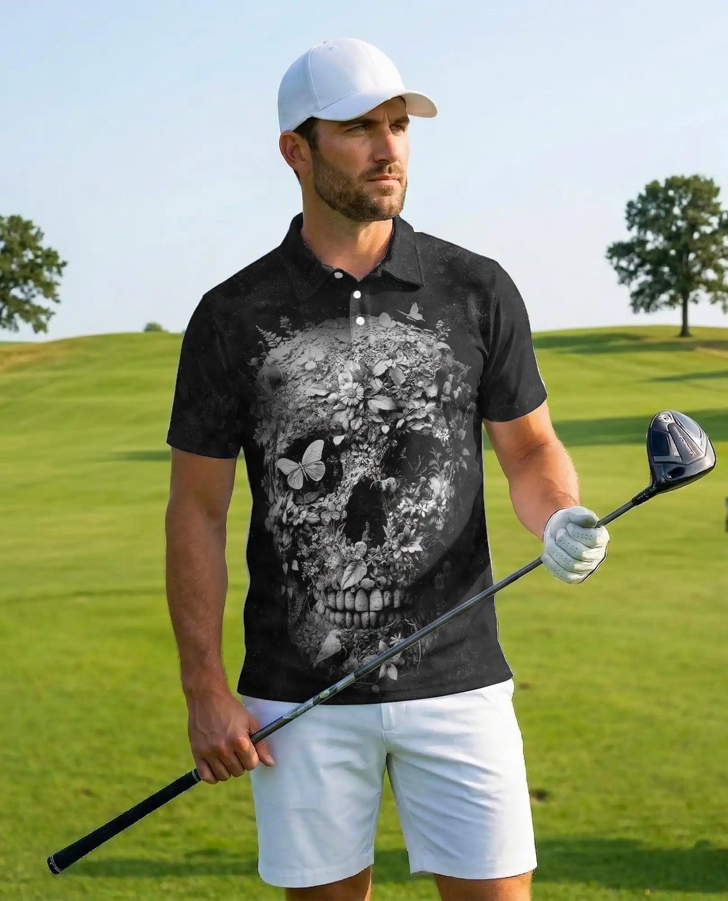 Floral Skull Gothic Polo Shirt, Dark Botanical Style | Netecom