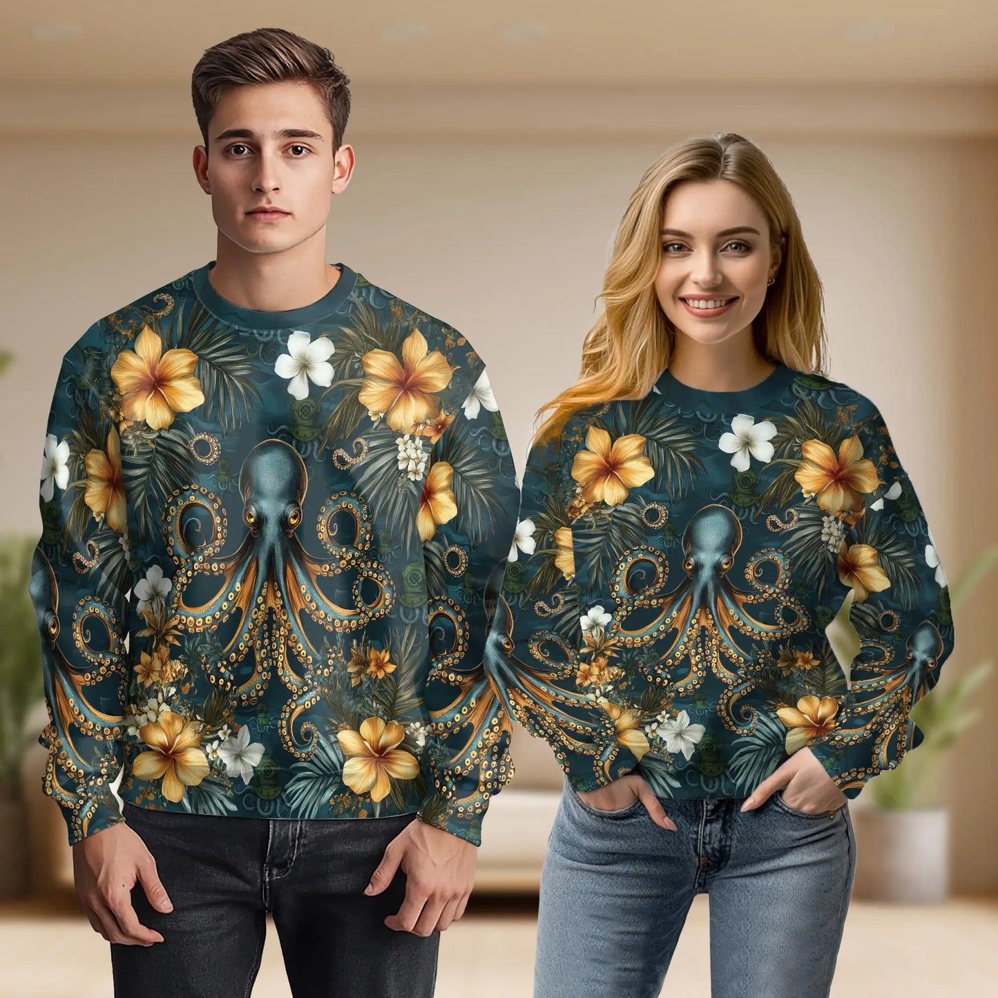 Tropical Floral Octopus Sweatshirt, 3D All Over Print Ocean Flower Crewneck Pullover for Men Women, Octopus Lover Gift - Netecom