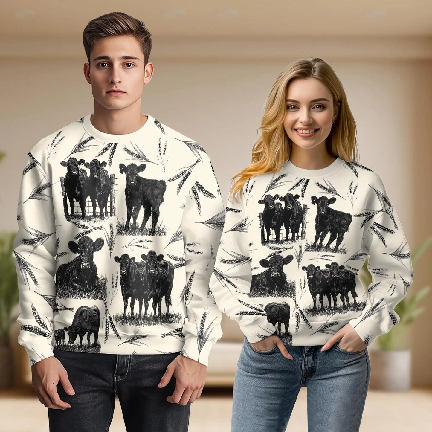 Vintage Cattle Farm Lovers Farmer Sweatshirt, 3D All Over Print Rustic Western Crewneck Pullover for Men Women, Farmer Gift - Netecom