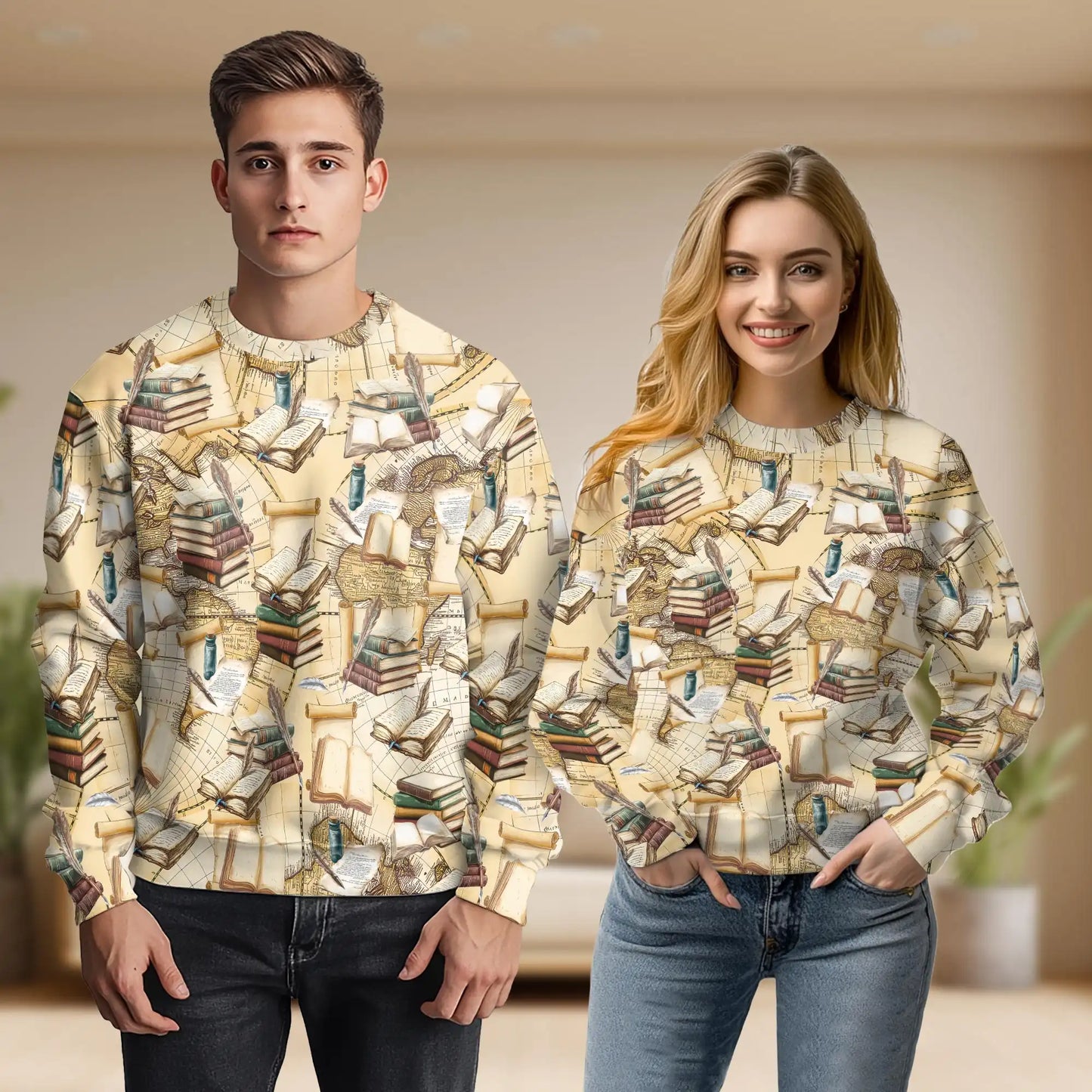 Vintage Book Sweatshirt, 3D All Over Print Retro Literature Crewneck Pullover for Men Women, Book Lover Gift - Netecom