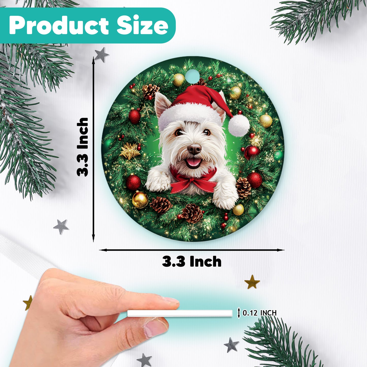 Netecom Funny West Highland White Terrier in Santa Hat Christmas Ornament, Westie Dog Ceramic Ornament for Xmas Tree Hanging Decorations Gift, Puppy Lover Gifts, Holiday Party Present