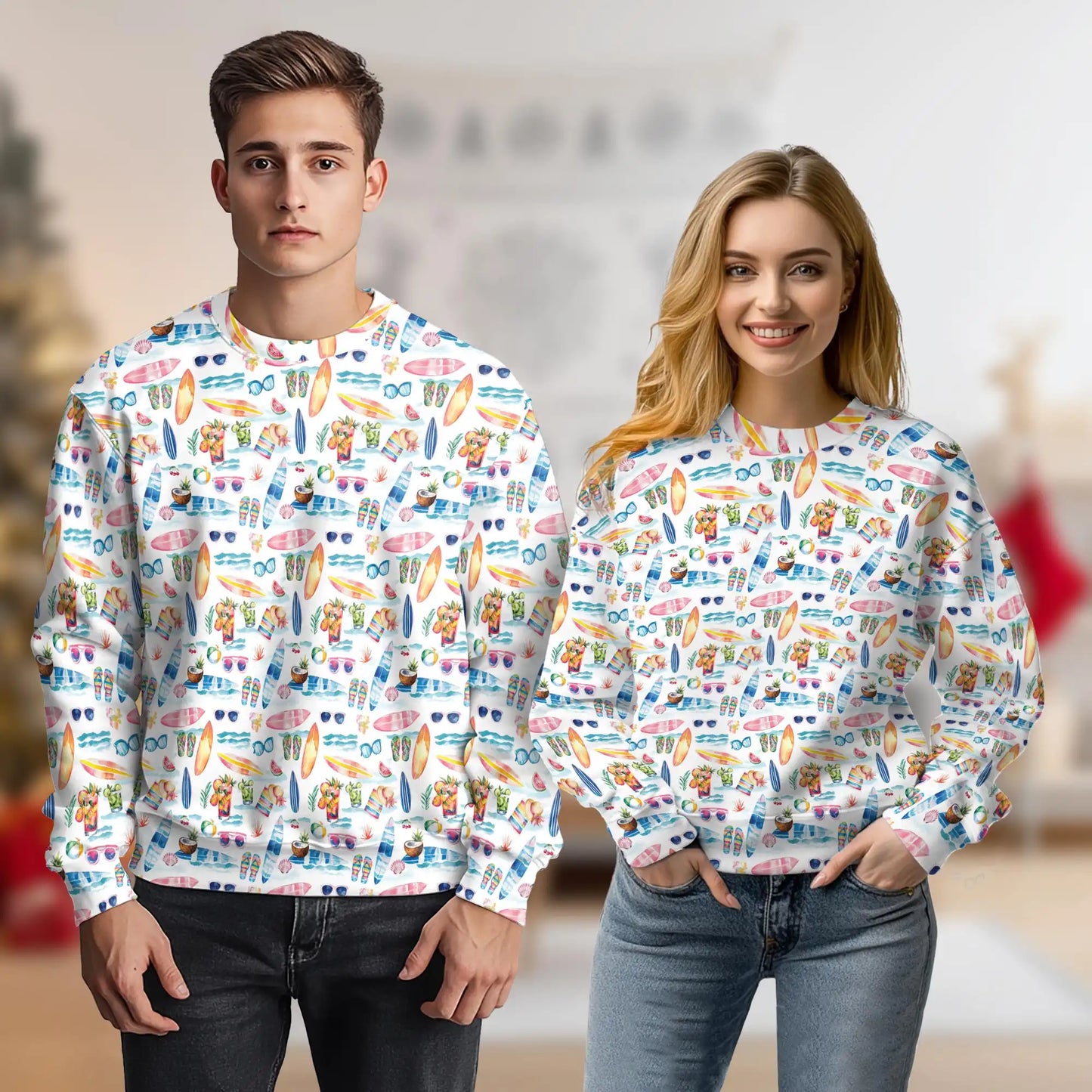 Surf Beach Sweatshirt, 3D All Over Print Colorful Tropical Wave Crewneck Pullover for Men Women, Surfer Lover Gift - Netecom