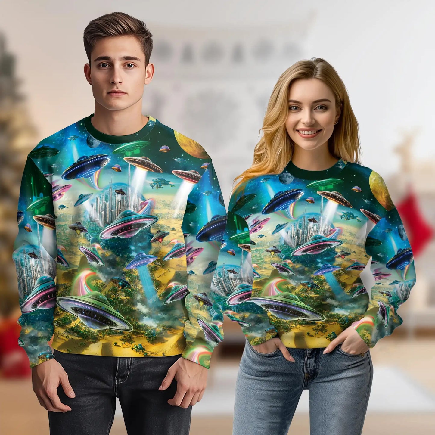 Alien Spaceship Future City Sweatshirt, 3D All Over Print Sci-Fi Cosmic Crewneck Pullover for Men Women, Alien Lover Gift - Netecom