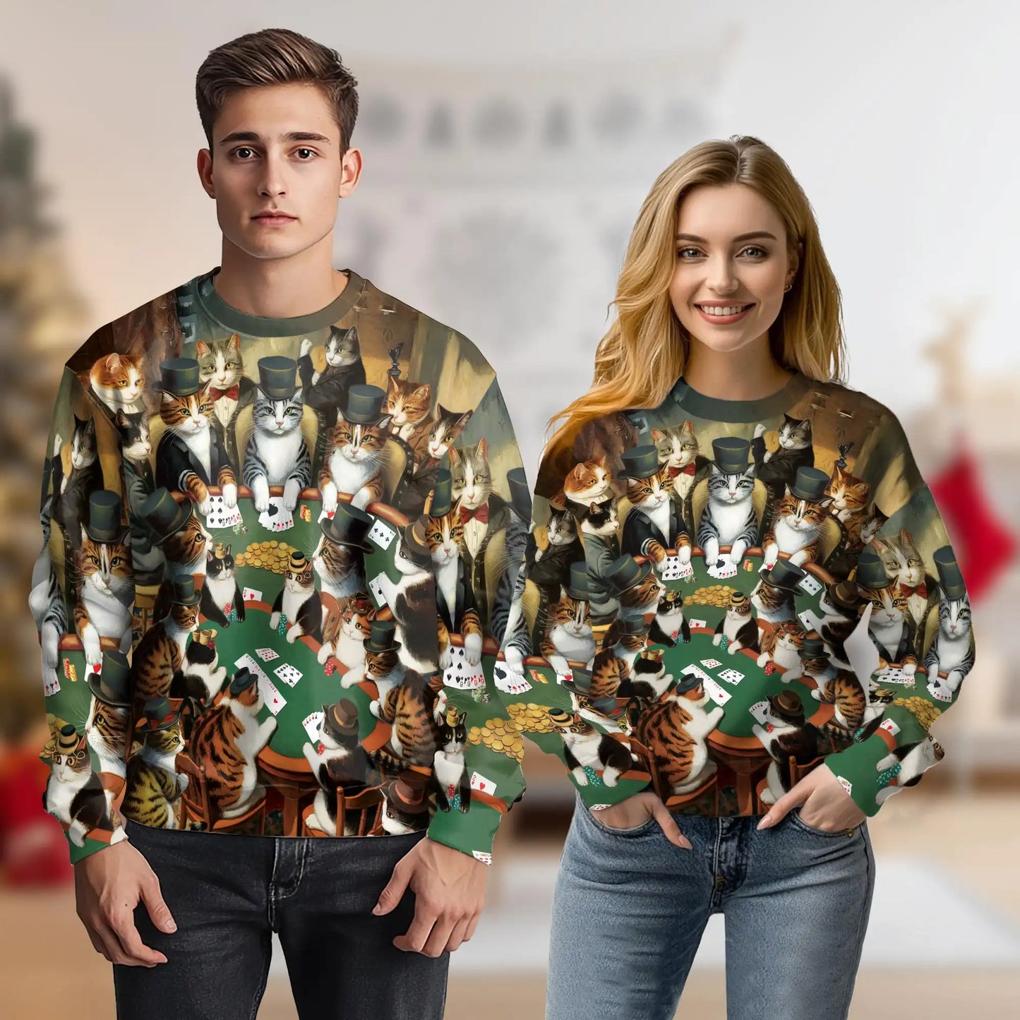 Cool Cats Gambling Card Game Sweatshirt, 3D All Over Print Funny Cat Poker Crewneck Pullover for Men Women, Card Game Lover Gift - Netecom