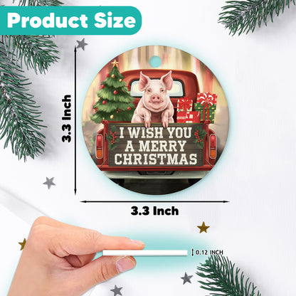 Netecom Funny Pig in Red Truck Ornament, I Wish You a Merry Christmas Ceramic Ornament for Christmas Tree Hanging Decorations Gift, Farm Animal Lover Gifts, Holiday Party Present