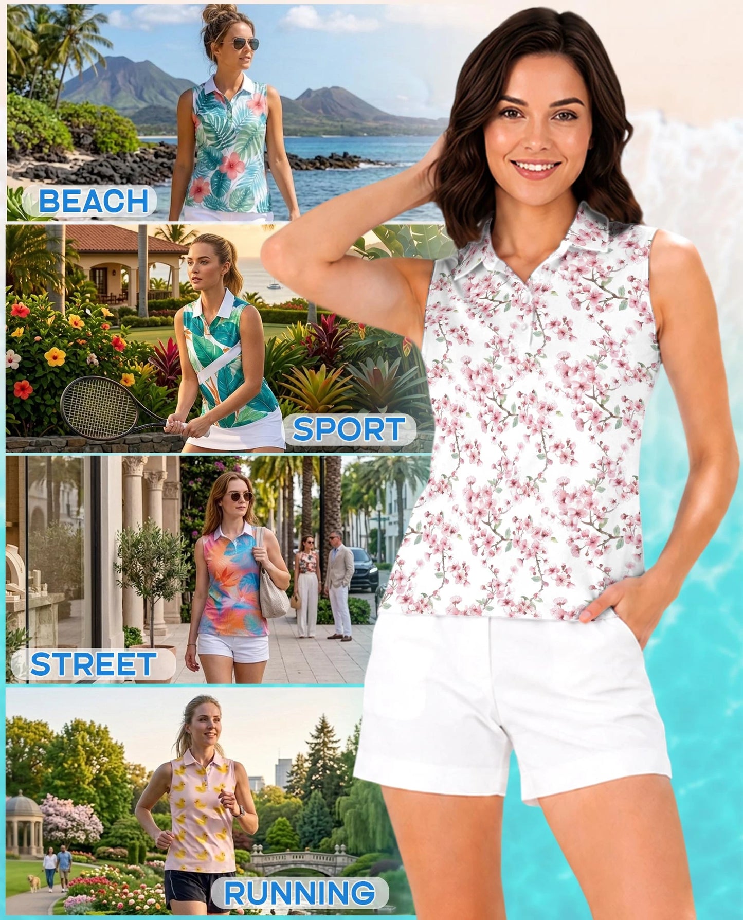 Cherry Blossom Sleeveless Polo Shirt for Women – Elegant Floral Spring Style | Netecom