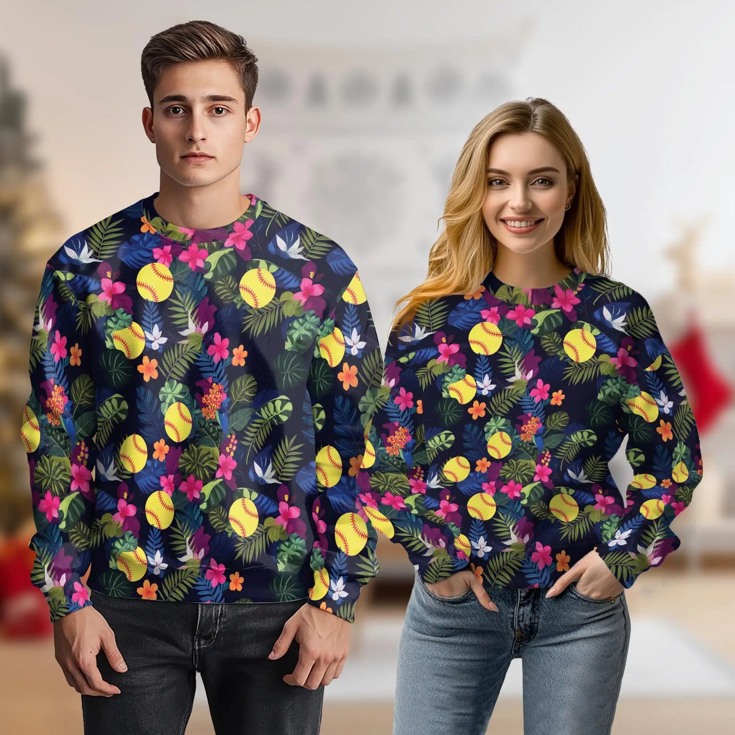 Softball Hibiscus Sweatshirt, 3D All Over Print Floral Softball Crewneck Pullover for Men Women, Softball Lover Gift - Netecom