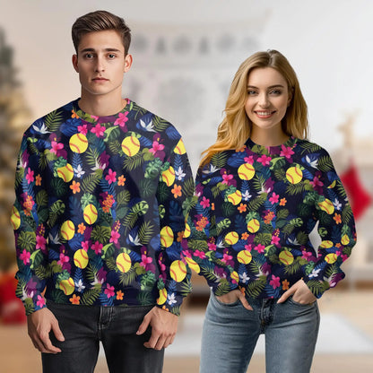 Softball Hibiscus Sweatshirt, 3D All Over Print Floral Softball Crewneck Pullover for Men Women, Softball Lover Gift - Netecom