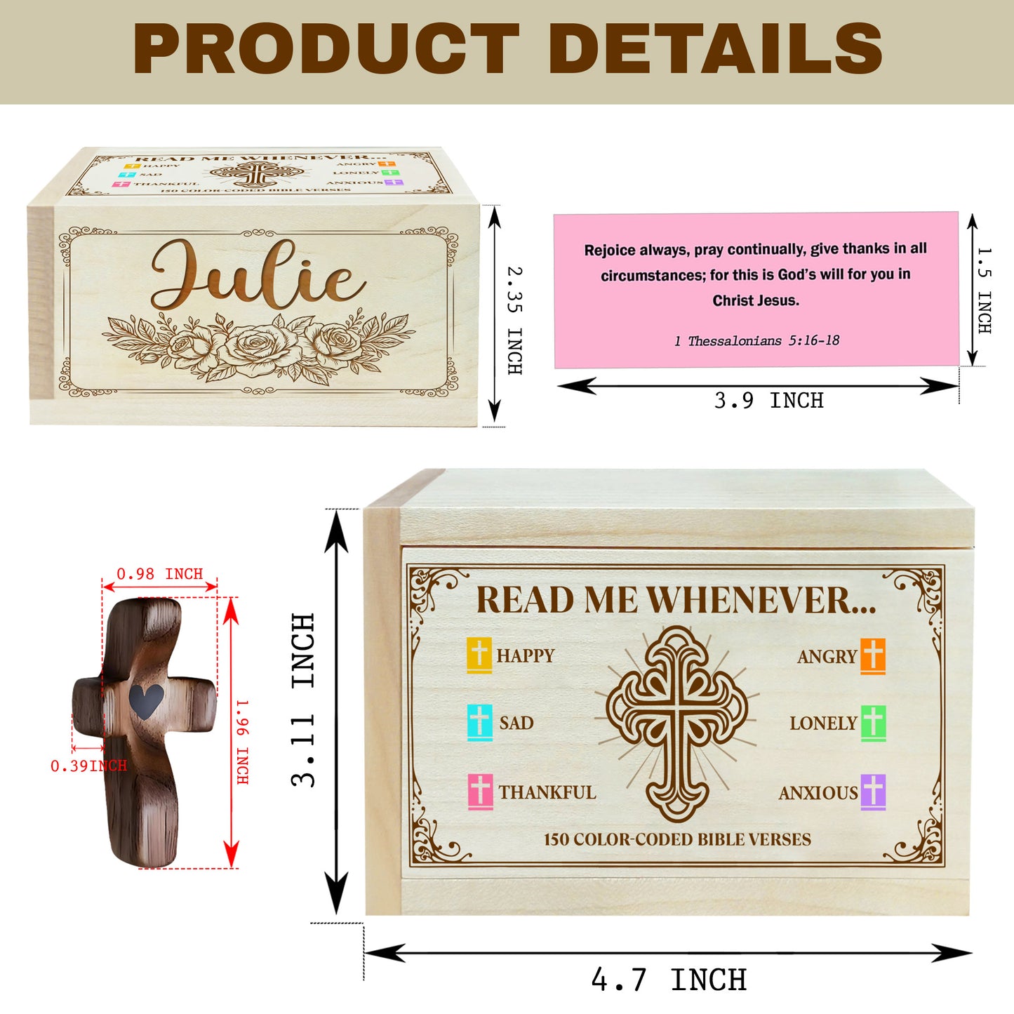 Netecom Personalized Wooden Bible Verse Box with Custom Name & Prayer Cross, 150 Color-Coded Scripture Cards, Christian Keepsake Gift