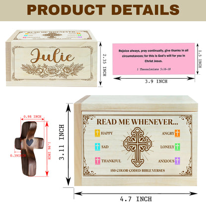 Netecom Personalized Wooden Bible Verse Box with Custom Name & Prayer Cross, 150 Color-Coded Scripture Cards, Christian Keepsake Gift