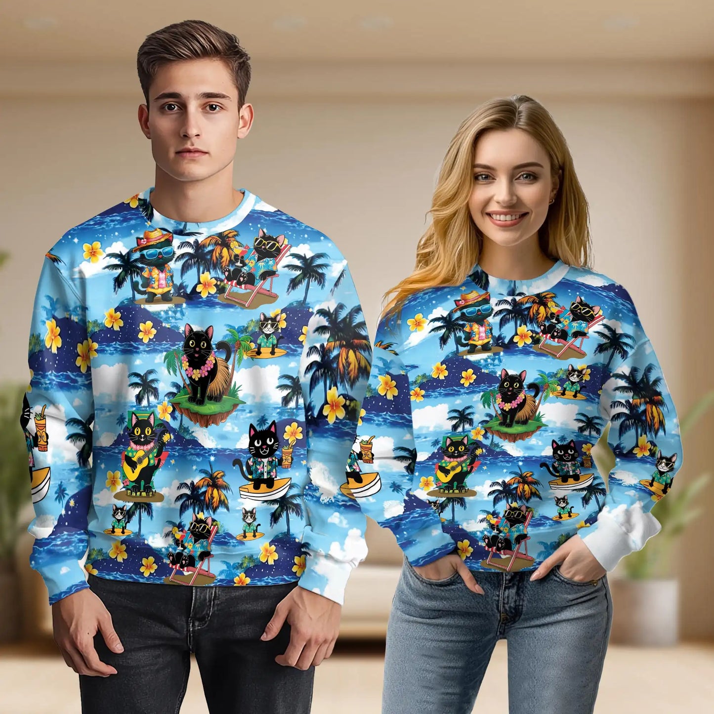 Funny Black Cat Aloha Beach Sweatshirt, 3D All Over Print Tropical Cat Crewneck Pullover for Men Women, Black Cat Lover Gift - Netecom