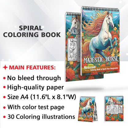 Majestic Horse Spiral Bound Coloring Book, Discover the Elegance of Horses with 30 Exquisite Coloring Pages that Showcase the Magnificent and Regal Nature of these Majestic Creatures