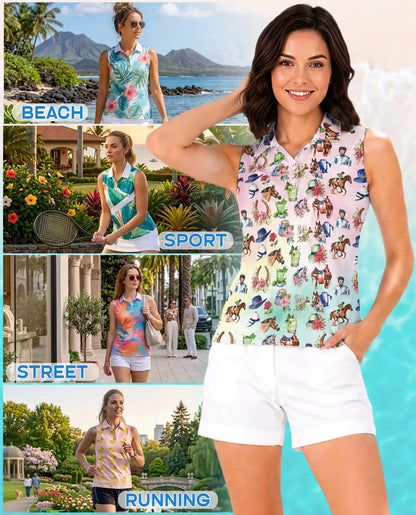 Kentucky Derby Horse Sleeveless Polo Shirt for Women | Netecom