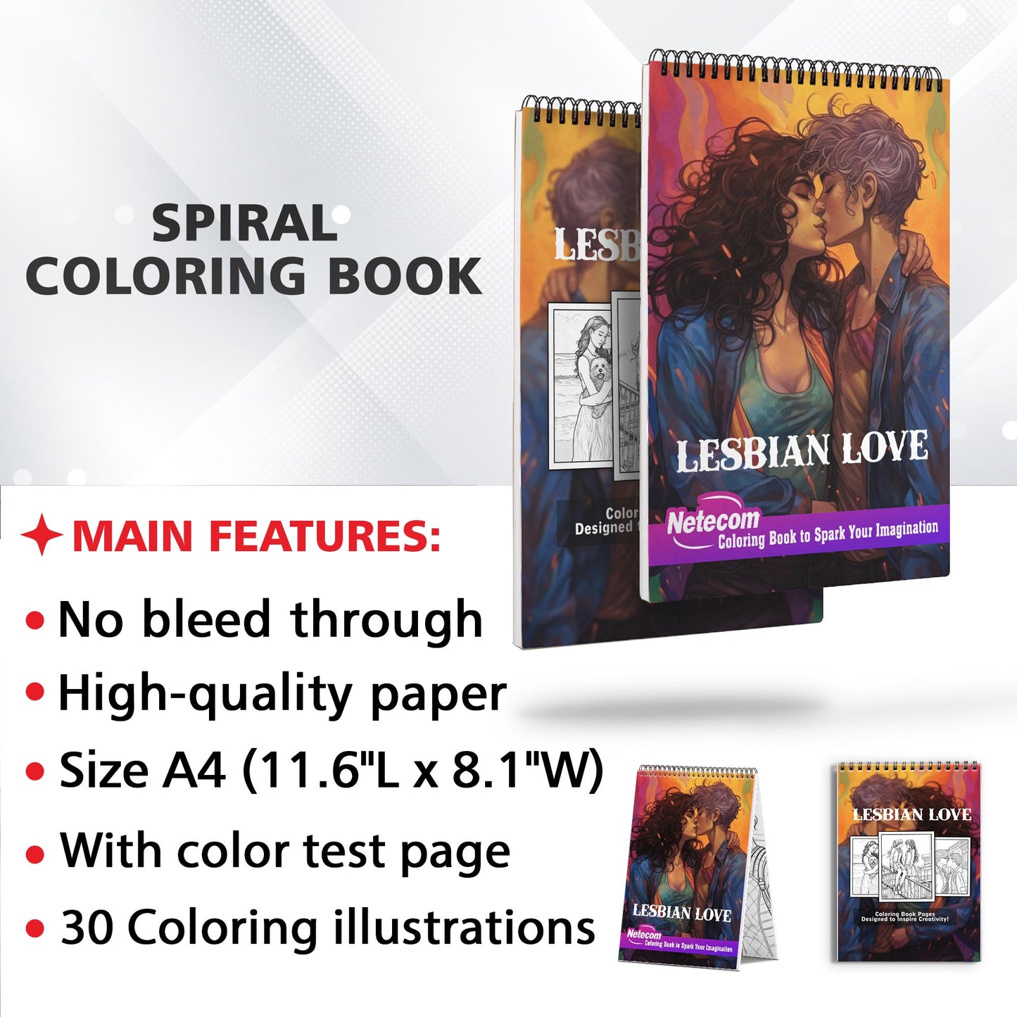 Lesbian Love Spiral Bound Coloring Book, Discover 30 Serene Coloring Pages, Featuring Lesbian Couples in Harmonious and Loving Embrace