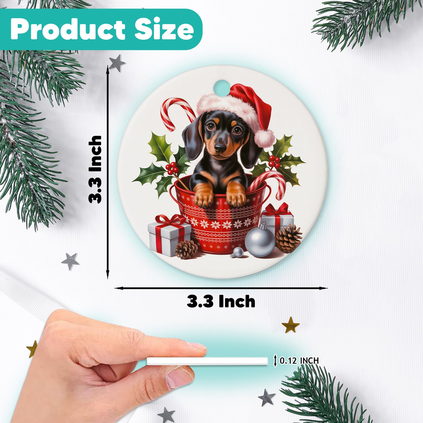 Netecom Cute Dachshund in Bucket Ornament, Wiener Dog with Santa Hat Ceramic Ornament for Christmas Tree Hanging Decorations Gift, Puppy Lover Gifts, Home Decor, Holiday Party Present