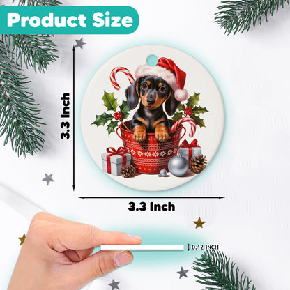Netecom Cute Dachshund in Bucket Ornament, Wiener Dog with Santa Hat Ceramic Ornament for Christmas Tree Hanging Decorations Gift, Puppy Lover Gifts, Home Decor, Holiday Party Present