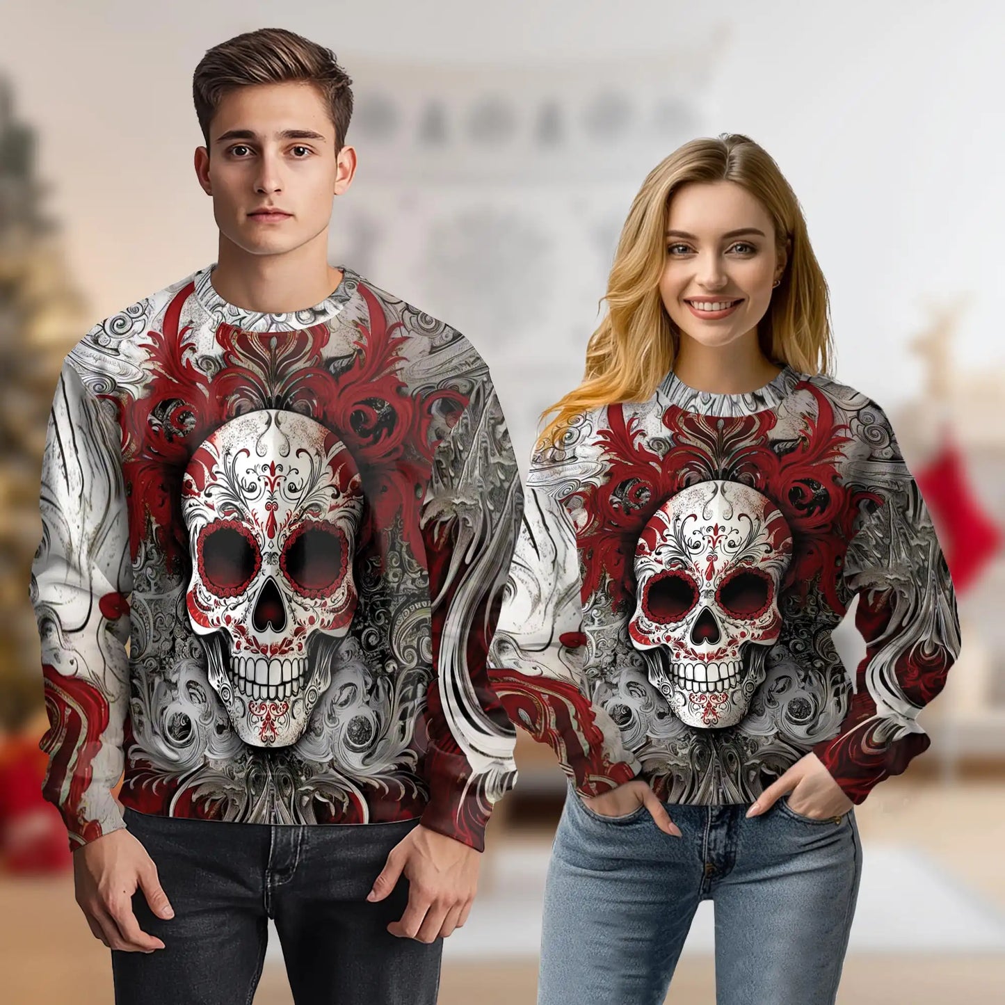 Floral Sugar Skull Sweatshirt, 3D All Over Print Red Day of the Dead Crewneck Pullover for Men Women, Sugar Skull Lover Gift - Netecom