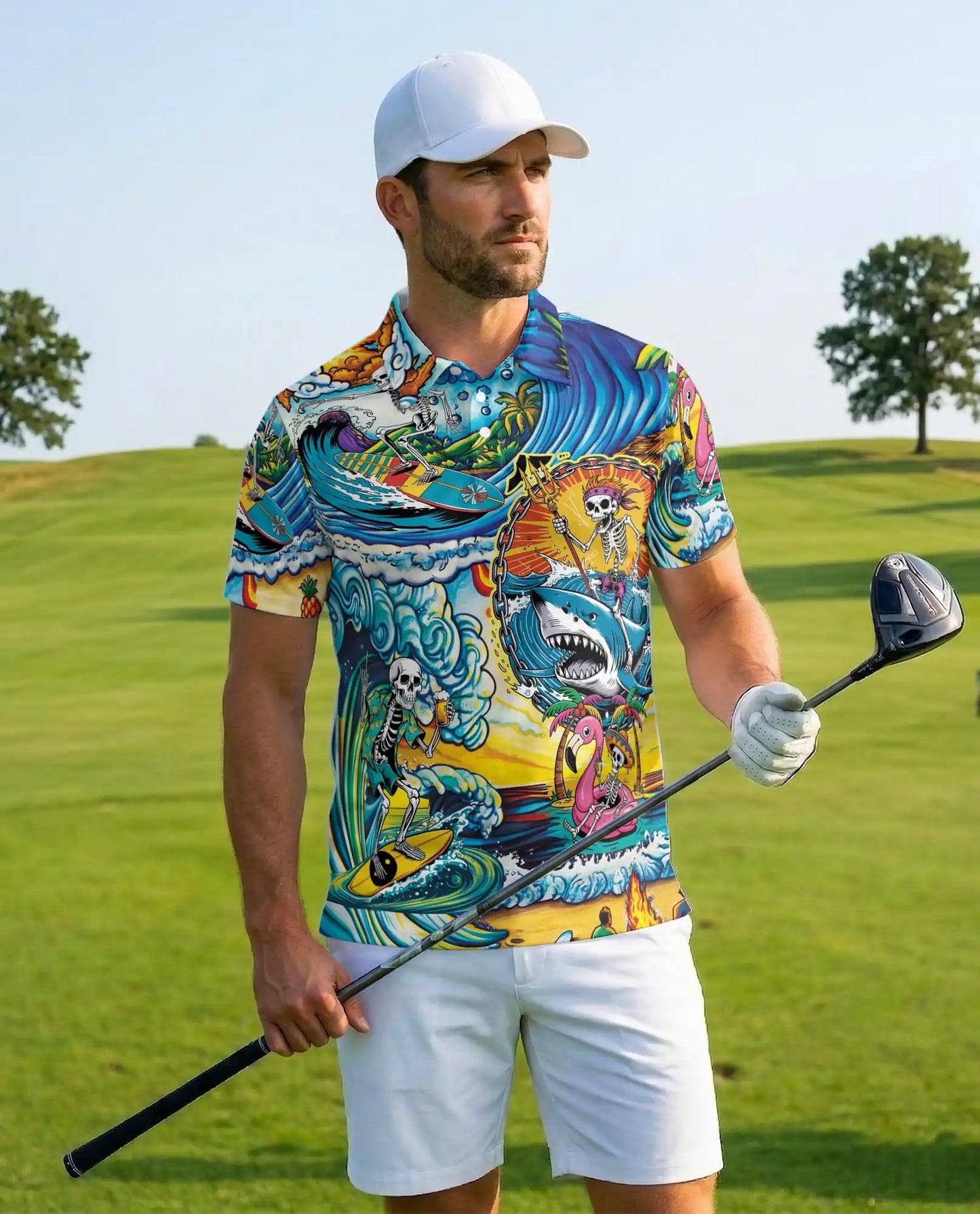 Surfing Skeleton Polo Shirt – Tropical Beach Skull Style| Netecom