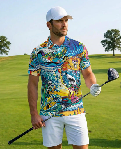 Surfing Skeleton Polo Shirt – Tropical Beach Skull Style| Netecom