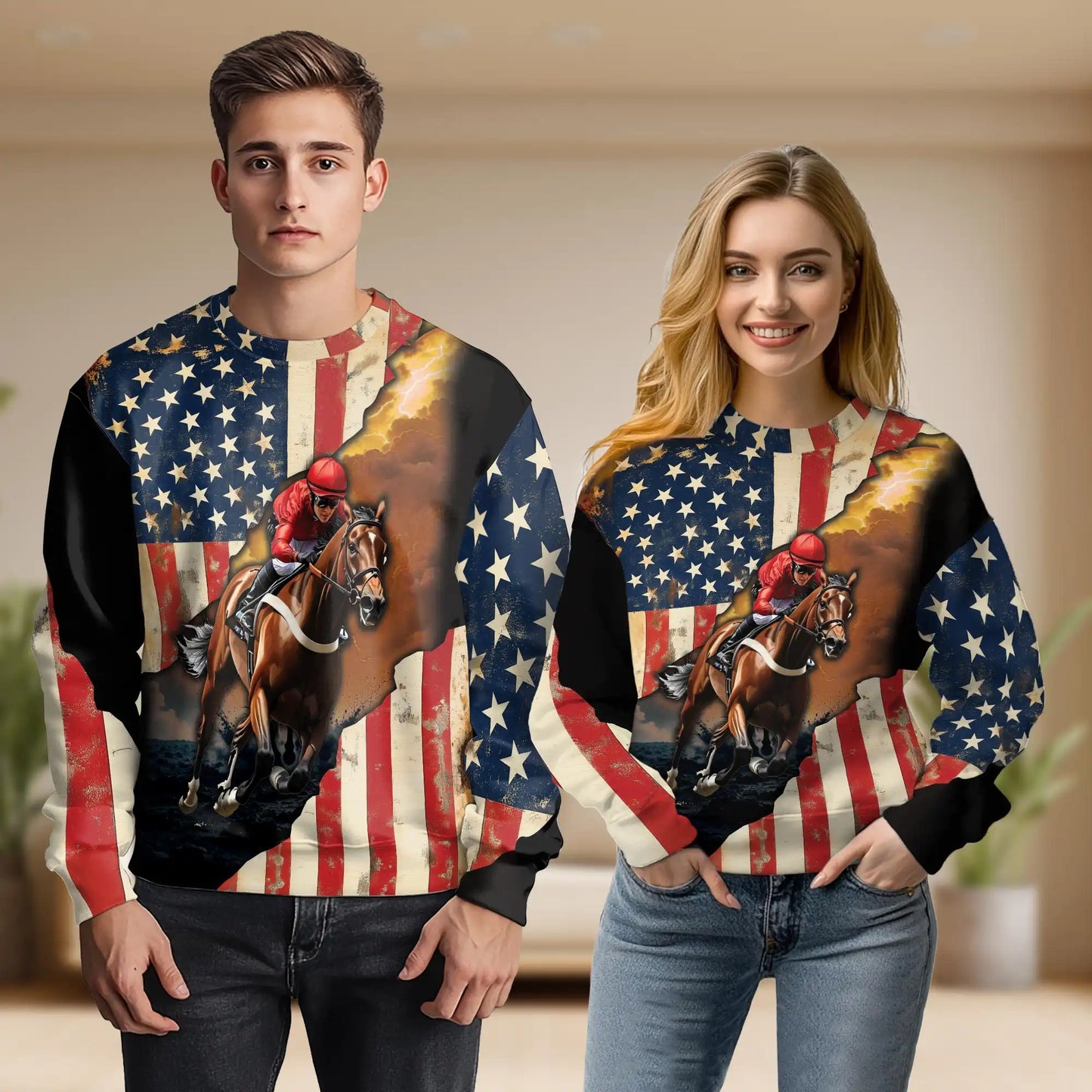 Brown Vintage American Flag Horse Racing Sweatshirt, 3D All Over Print Retro Patriotic Equestrian Crewneck Pullover for Men Women, Horse Racing Lover Gift - Netecom