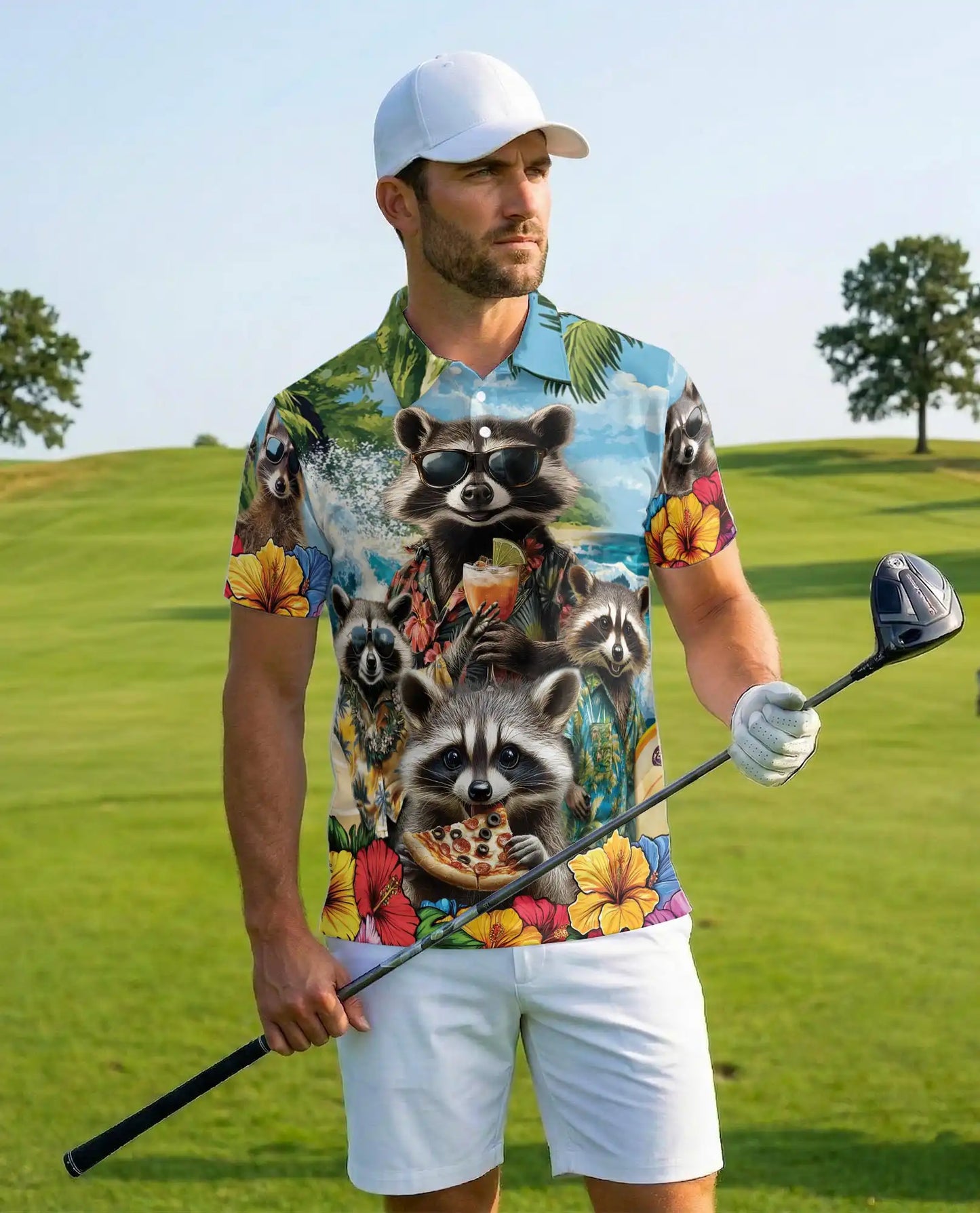 Funny Raccoon Hawaiian Polo Shirt - Tropical Vacation Style | Netecom