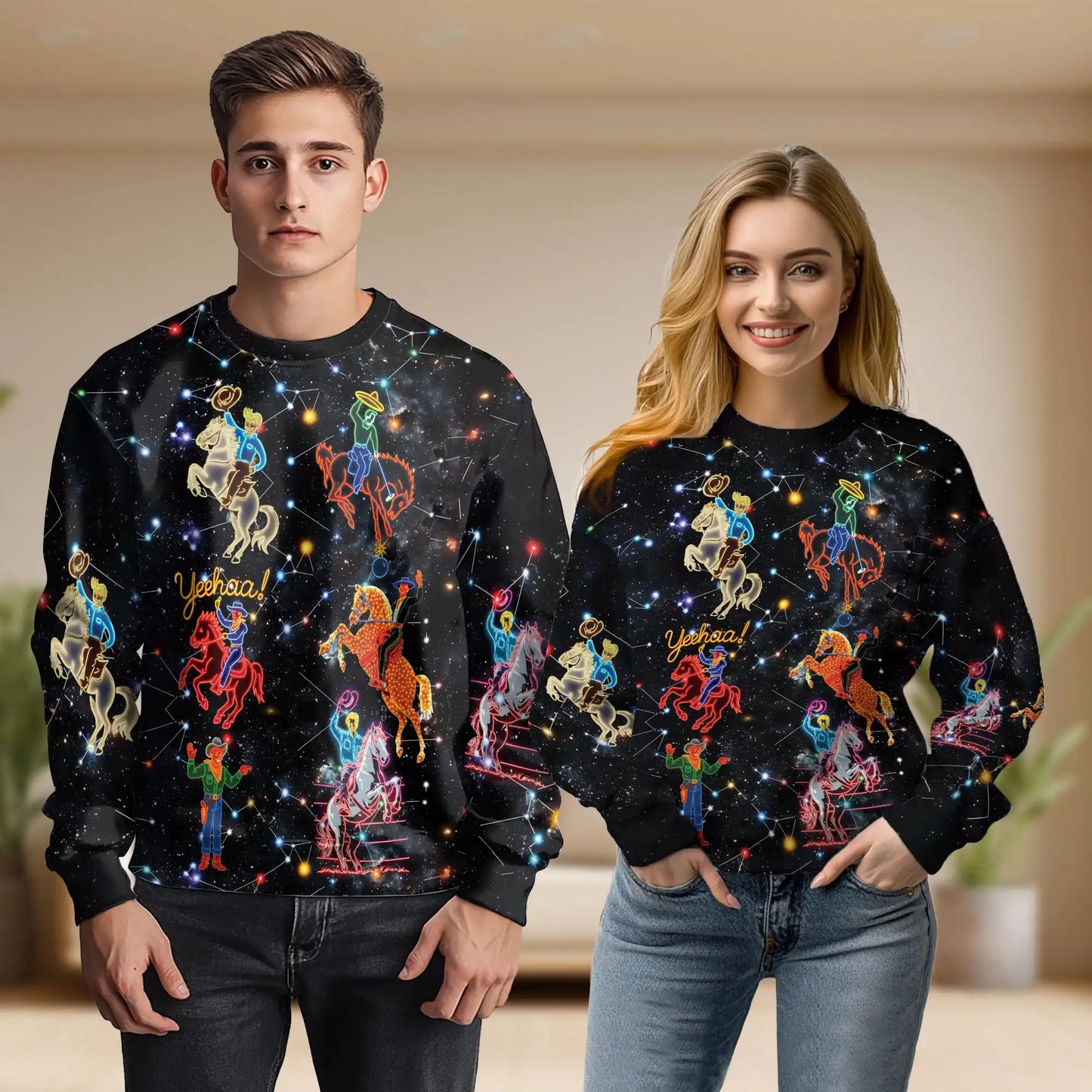 Neon Cowboy Constellation Sweatshirt, 3D All Over Print Western Galaxy Crewneck Pullover for Men Women, Cowboy Lover Gift - Netecom
