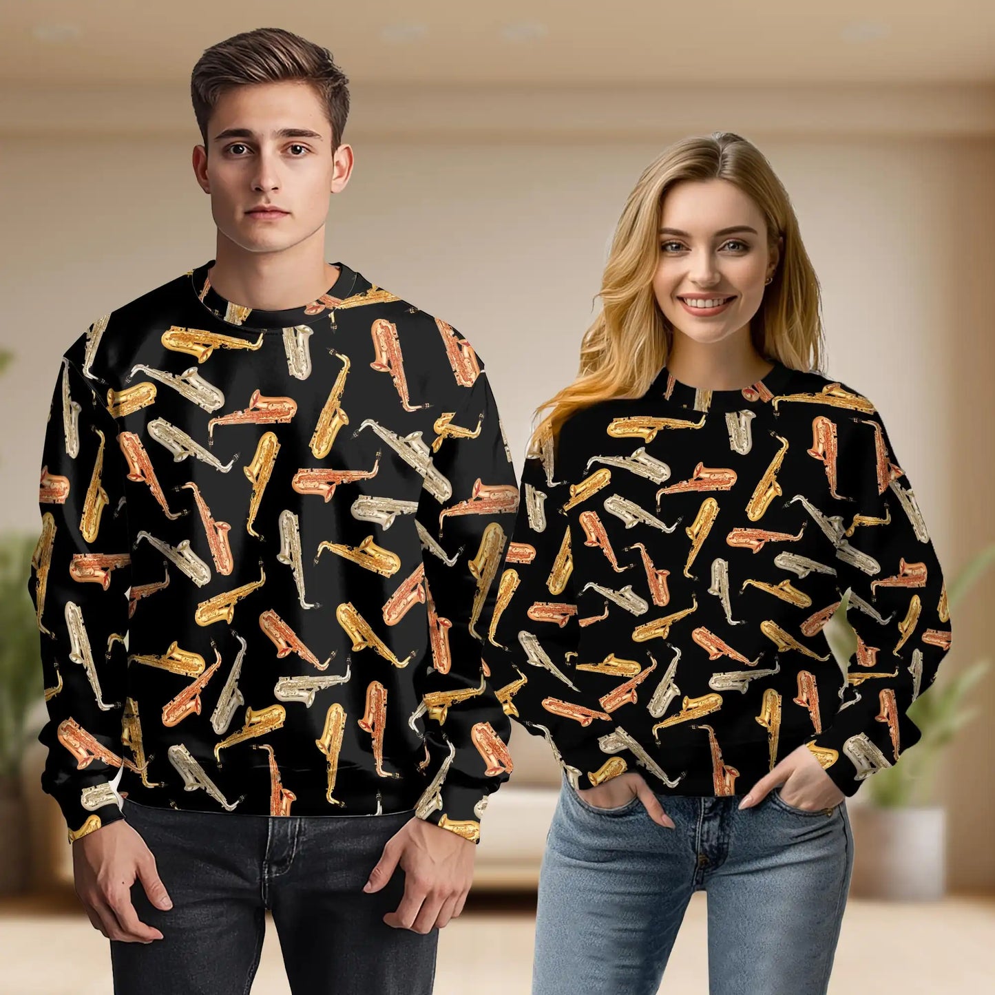 Amazing Saxophone Sweatshirt, 3D All Over Print Jazz Music Crewneck Pullover for Men Women, Saxophone Player Gift - Netecom
