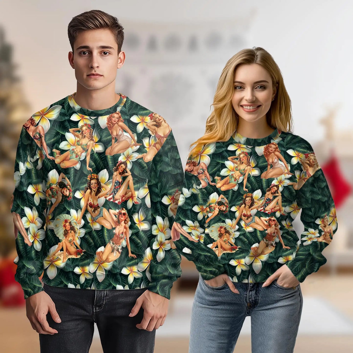 Retro Pin Up Girl Sweatshirt, 3D All Over Print Dark Green Tropical Crewneck Pullover for Men Women, Vintage Pin Up Gift - Netecom