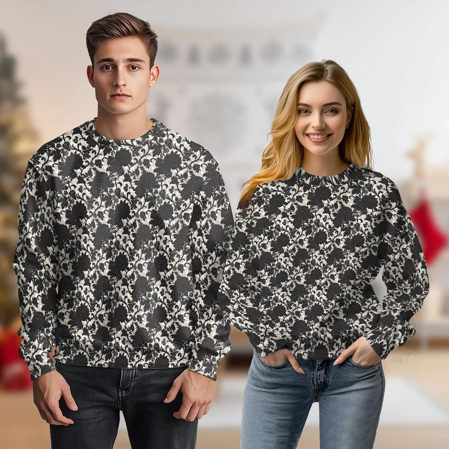 Black Gothic Floral Sweatshirt, 3D All Over Print Dark Botanical Crewneck Pullover for Men Women, Gothic Flower Lover Gift - Netecom
