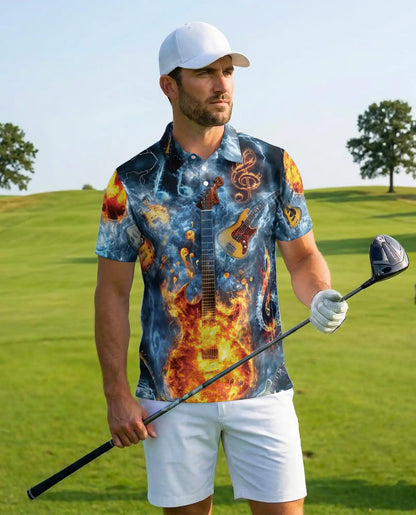 Flaming Electric Guitar Polo Shirt for Men - Rock Music Fire Guitar | Netecom