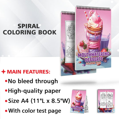 Mouthwatering Desserts Spiral Bound Coloring Book, Celebrate the Art of Baking with 30 Captivating Coloring Pages, Offering an Artistic and Flavorful Experience