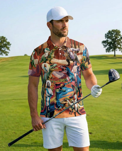 Jesus Riding Dinosaur Polo Shirt for Men – Funny Faith Fantasy Style | Netecom