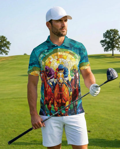 Stained Glass Racing Horse Polo Shirt for Men – Artistic Equestrian Style | Netecom