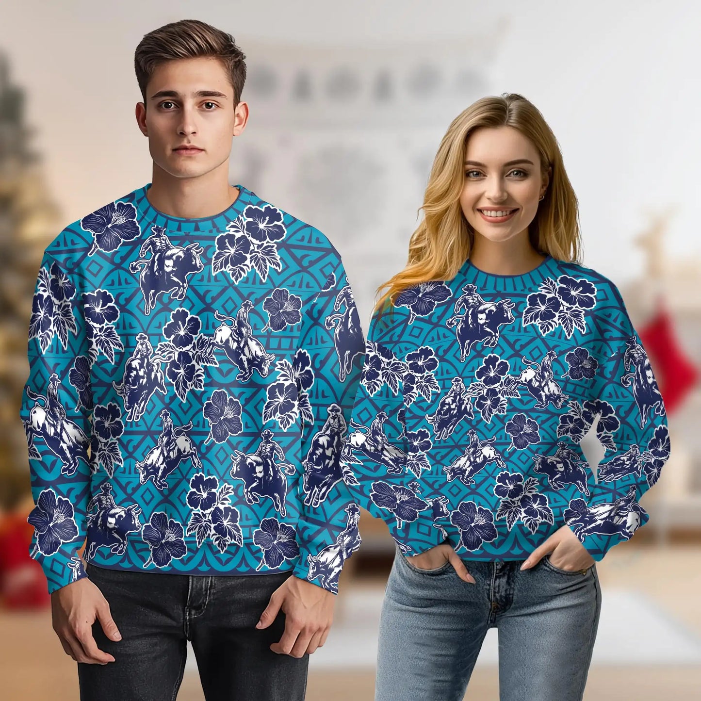 Bull Riding Blue Pattern Sweatshirt, 3D All Over Print Western Rodeo Crewneck Pullover for Men Women, Bull Rider Gift - Netecom