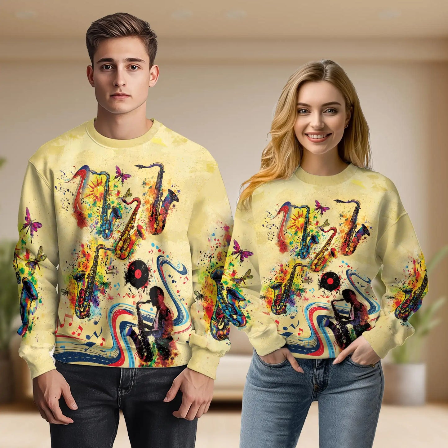 Saxophone Music Sweatshirt, 3D All Over Print Musical Instrument Crewneck Pullover for Men Women, Saxophone Player Gift - Netecom