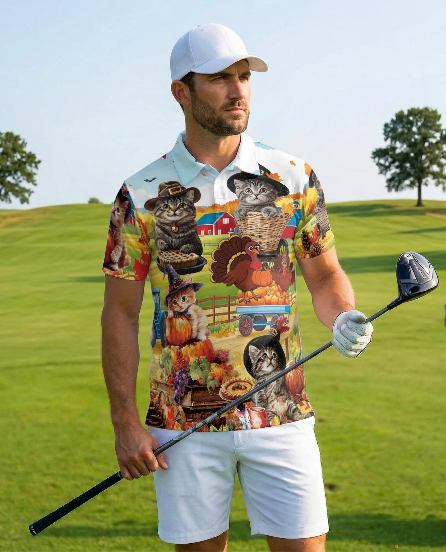 Thanksgiving Cat Polo Shirt for Men – Cute Fall Holiday Style | Netecom
