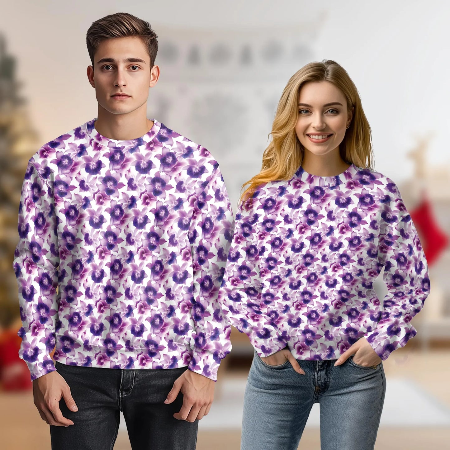 Purple Orchid Flower Pattern Sweatshirt, 3D All Over Print Elegant Floral Botanical Crewneck Pullover for Men Women, Orchid Lover Gift - Netecom