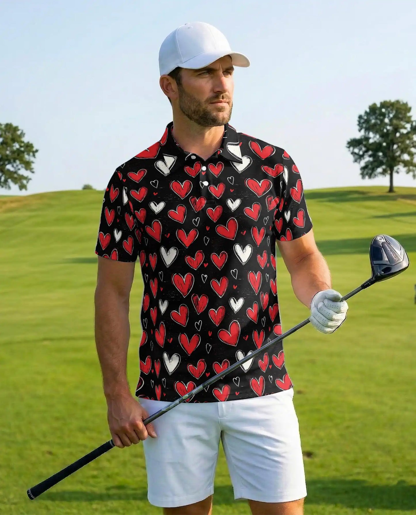 Heart Pattern Polo Shirt for Men- Love Heart Print Shirt | Netecom