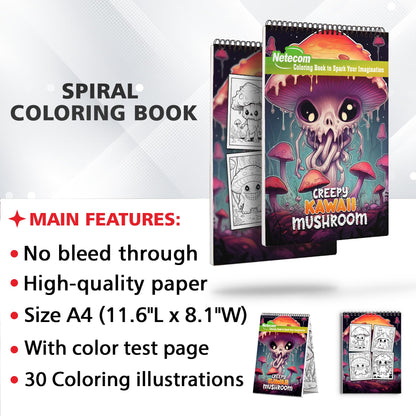 Creepy Kawaii Mushroom Spiral Bound Coloring Book, Celebrate the Charming Peculiarities of Kawaii Mushrooms with 30 Pages of Creepy-Cute Artwork