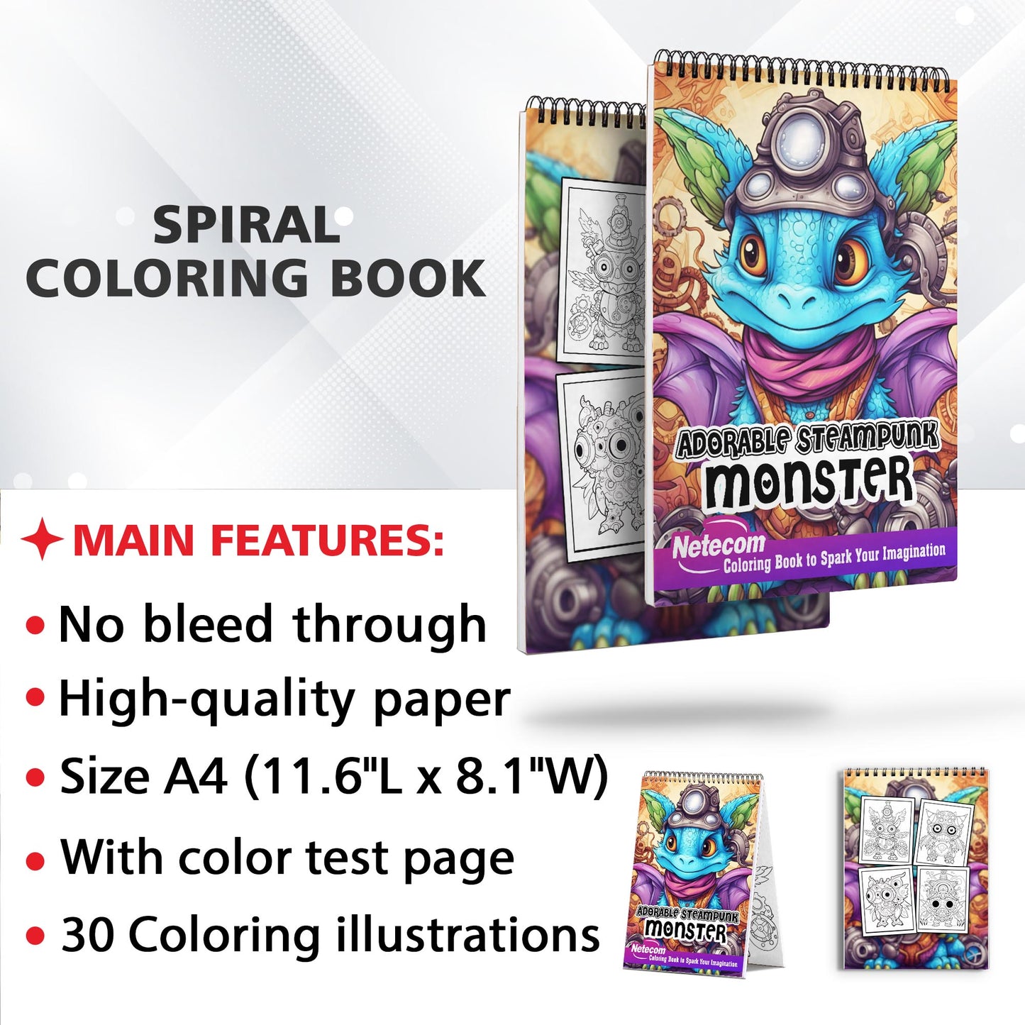 Adorable Steampunk Monster Spiral Bound Coloring Book, Unleash Your Creativity with 30 Coloring Pages, Featuring Charming Steampunk Monsters