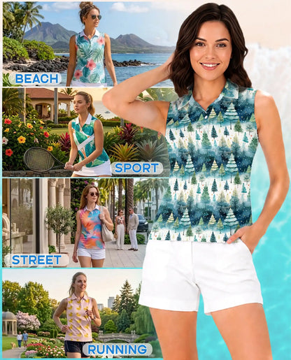 Christmas Tree Sleeveless Polo Shirt for Women – Festive Holiday Style | Netecom