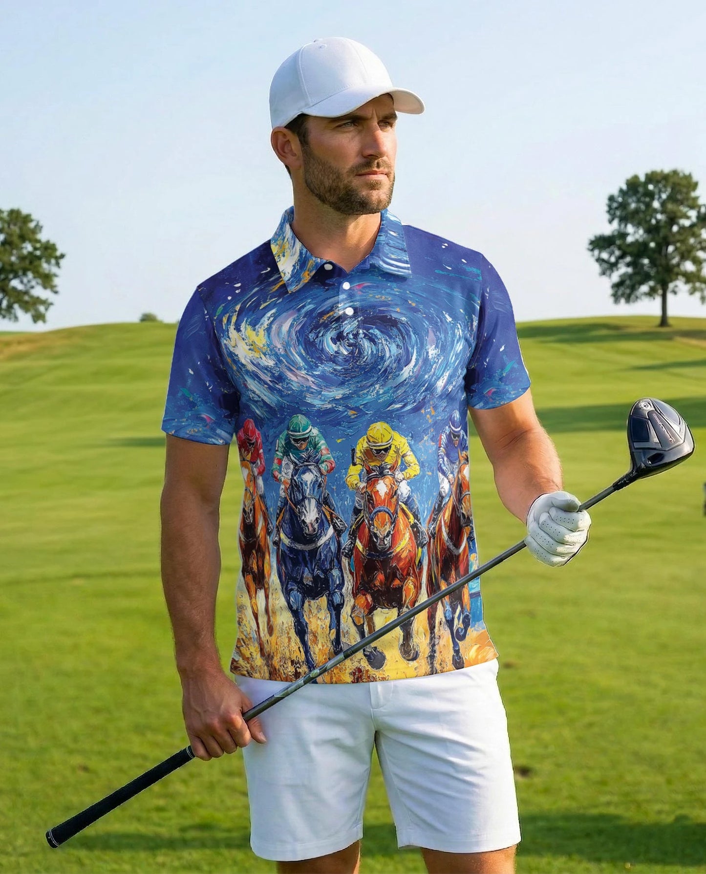 Horse Racing Starry Night Polo Shirt for Men – Artistic Equestrian Style | Netecom