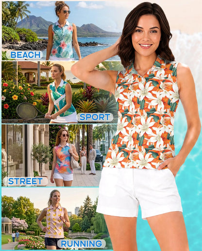 Orange Lily Print Sleeveless Polo Shirt for Women – Elegant Floral Style | Netecom