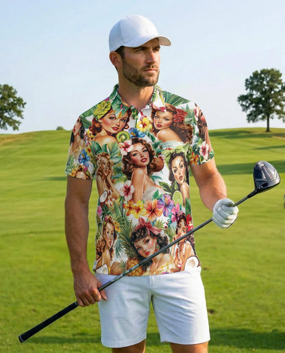 Tropical Pinup Girl Polo Shirt for Men – Retro Summer Beach Style | Netecom