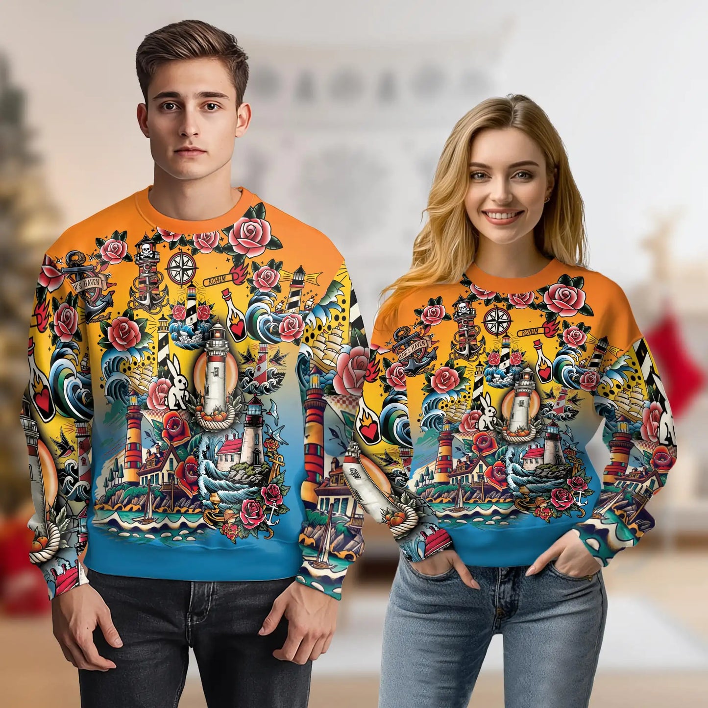 Traditional Lighthouse Sweatshirt, 3D All Over Print Coastal Nautical Crewneck Pullover for Men Women, Lighthouse Lover Gift - Netecom